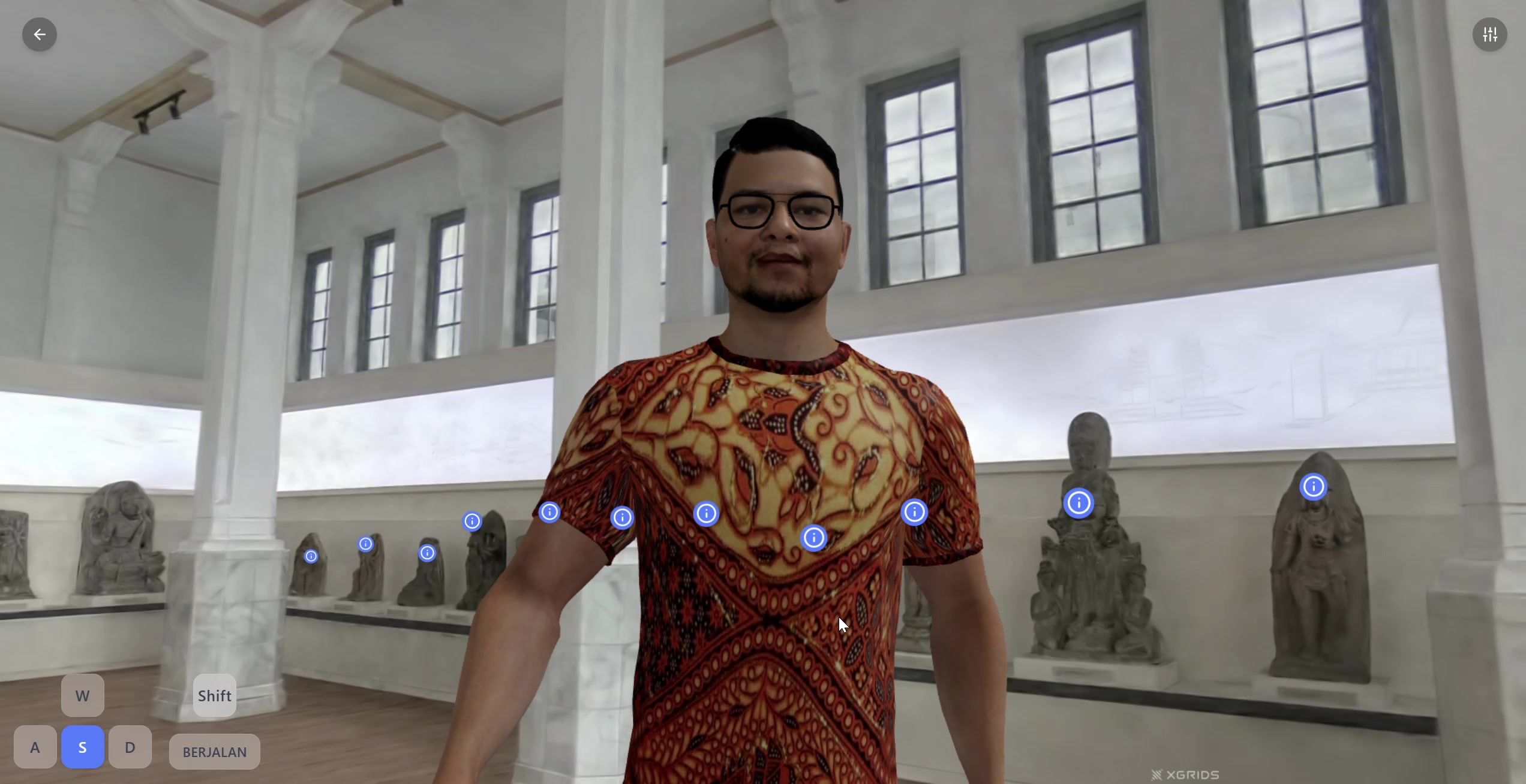 Pengalaman museum virtual dengan avatar dan hotspot informasi